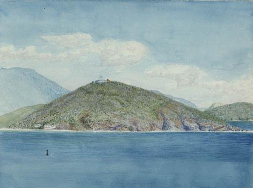 [Unidentified shore with beacon on hill. 1895?] Watercolor on paper