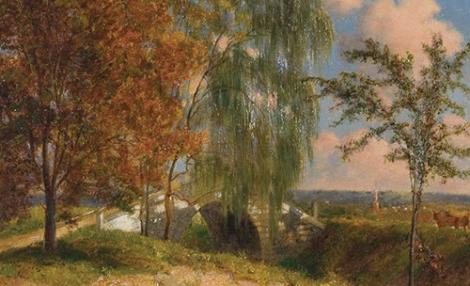 Painting of trees in the autumn with a stone bridge