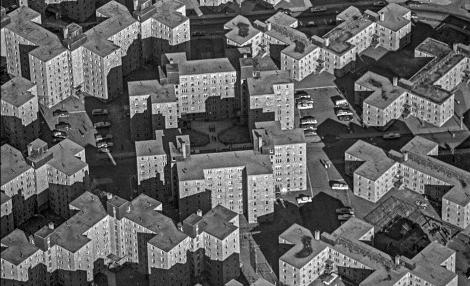 Aerial view of multi-story buildings